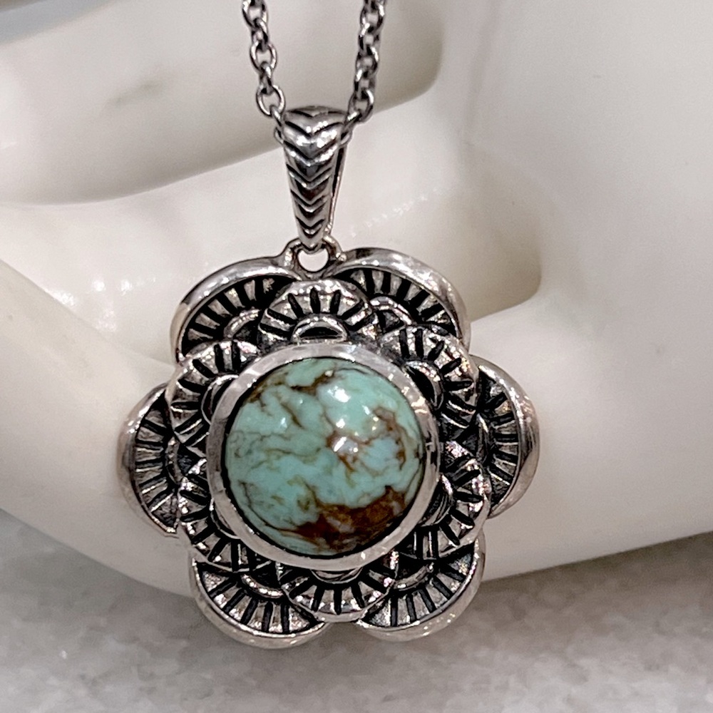 Blue Moon Turquoise Sterling Silver Floral Pendant 20” Necklace